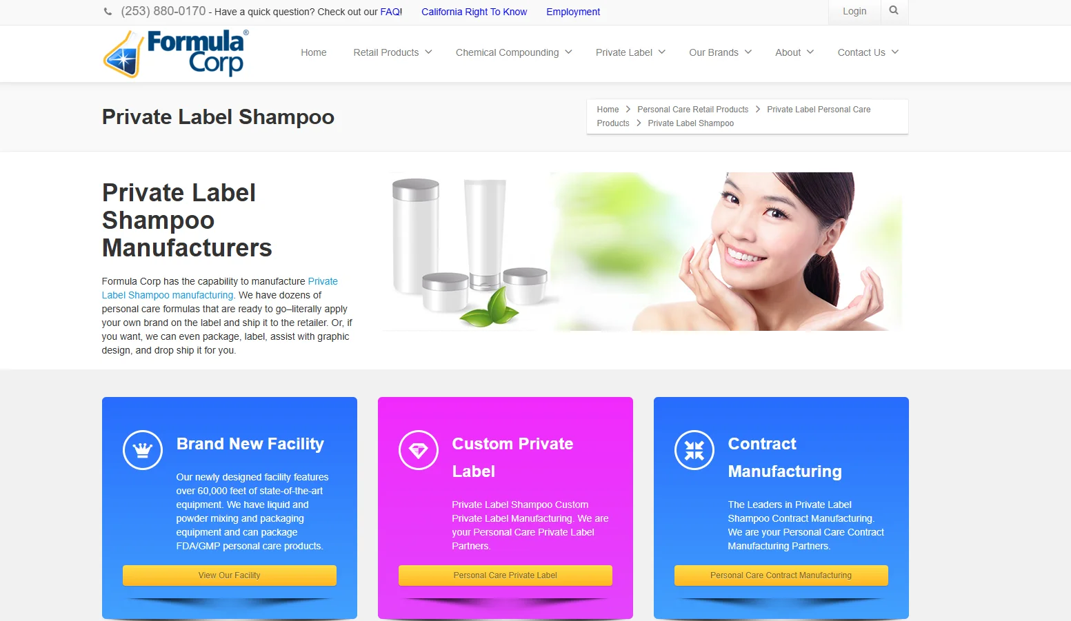 Screenshot of Formula Corp's webpage on private label shampoo manufacturing, featuring product images and a smiling woman.